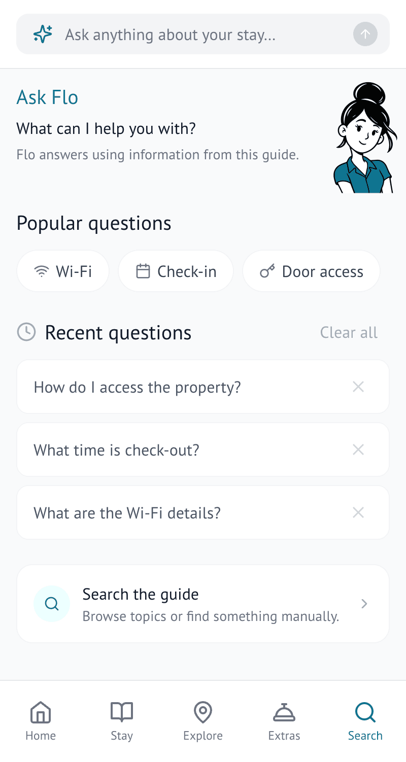 Ask Flo — Answers guest questions using your guide.