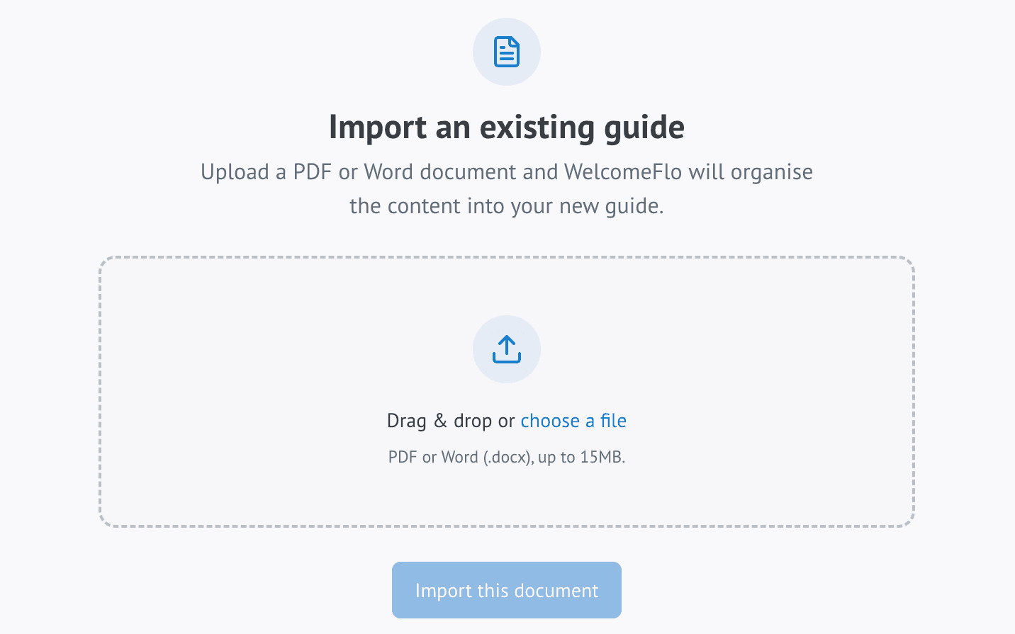 The WelcomeFlo import-an-existing-guide screen, where a host uploads a PDF or Word document