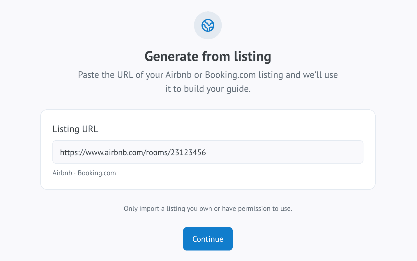 The WelcomeFlo generate-from-listing screen, where a host pastes an Airbnb or Booking.com listing URL