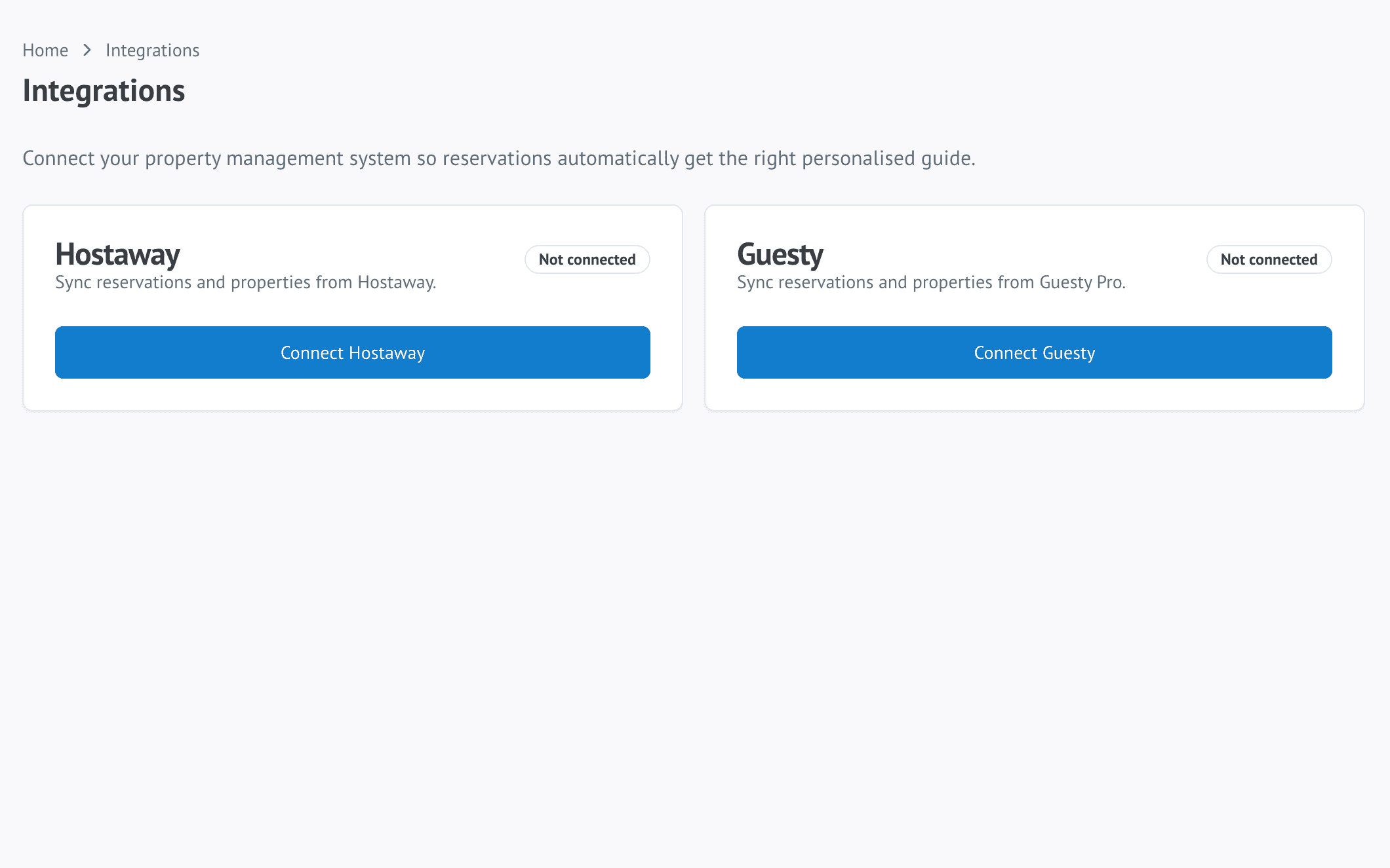 The WelcomeFlo Integrations screen, showing Hostaway and Guesty PMS connections