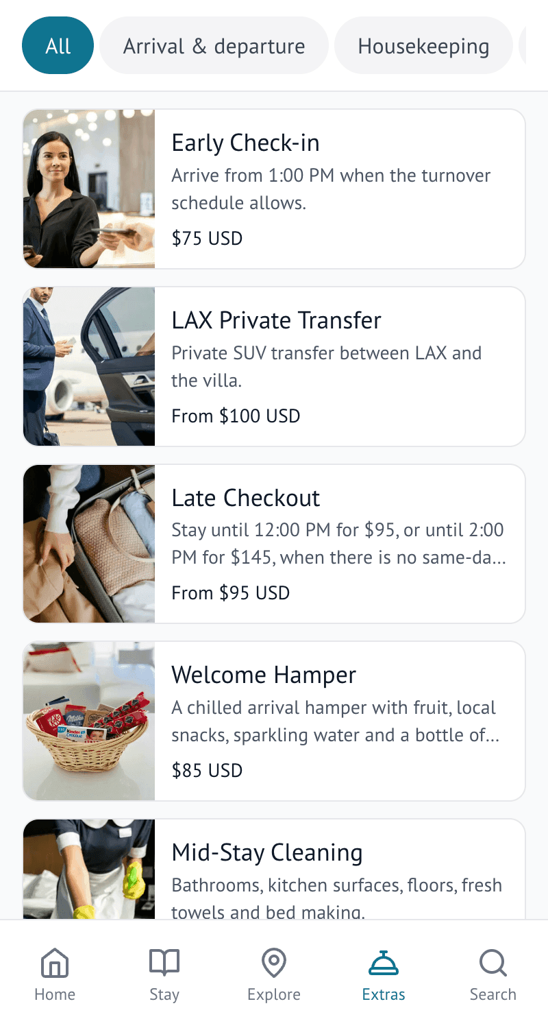 Extras — Early check-in, late checkout, transfers and experiences.